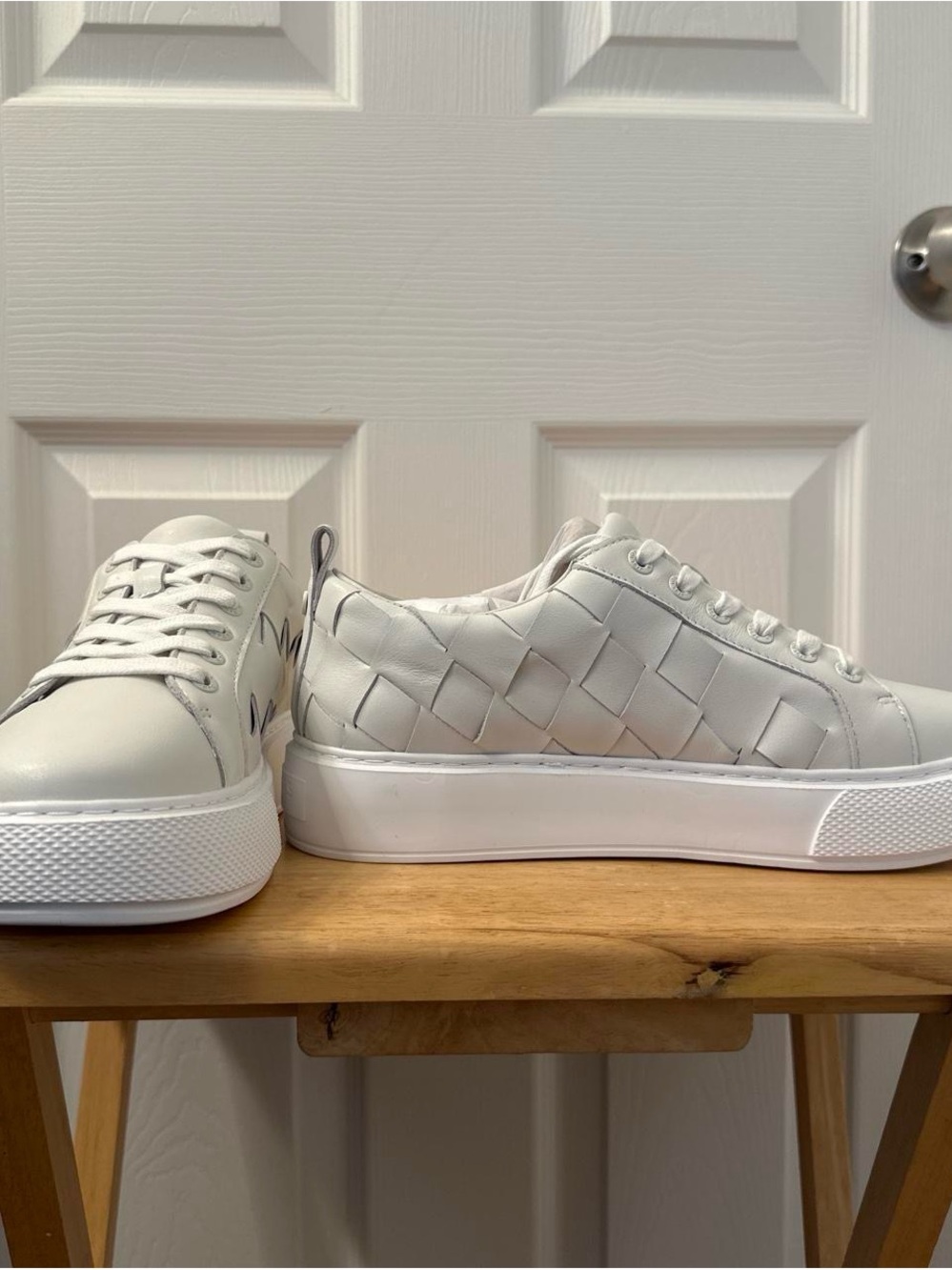 J Slides White Leather Dede Braided Sneakers